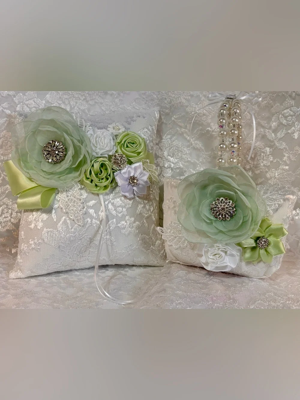 💍 Handmade Mint Green and White Ring Pillow and Flower Basket Set